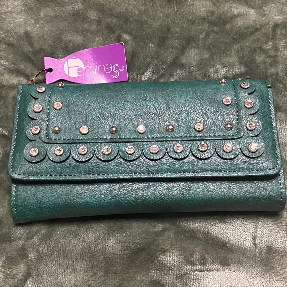 Green Studded Scallop with rhinestones Leather Wallet